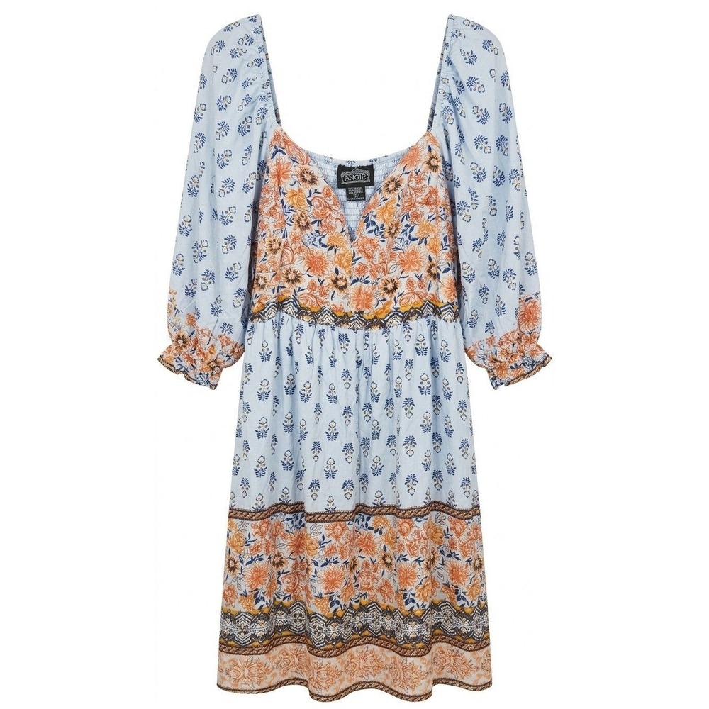 Angie Boho Floral Border Print Mini Dress‎ Blue Orange Balloon Sleeve Size 2X